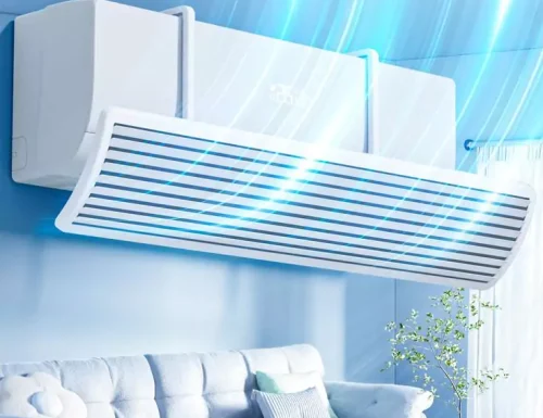 مكيف سبليت مع موزع هواء مركب، يوجه تدفق الهواء البارد بعيدًا عن الأشخاص.