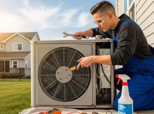 فني مكيفات ذكر يرتدي بدلة عمل زرقاء ونظارات أمان، يركع ويعمل على وحدة مكيف هواء خارجية (مكثف) باستخدام الأدوات وزجاجة رذاذ تنظيف، مما يؤكد صيانة مكيفات احترافية في الكويت.