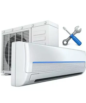 وحدة تكييف سبليت بجانب مفتاح ربط ومفك، ترمز إلى خدمات التصليح والصيانة.