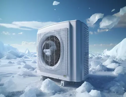 وحدة تكييف خارجية محاطة بالثلج والجليد، ترمز إلى أداء تبريد قوي.
